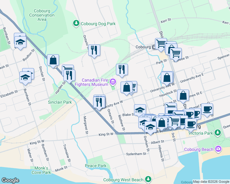 map of restaurants, bars, coffee shops, grocery stores, and more near 206 Furnace Street in Cobourg