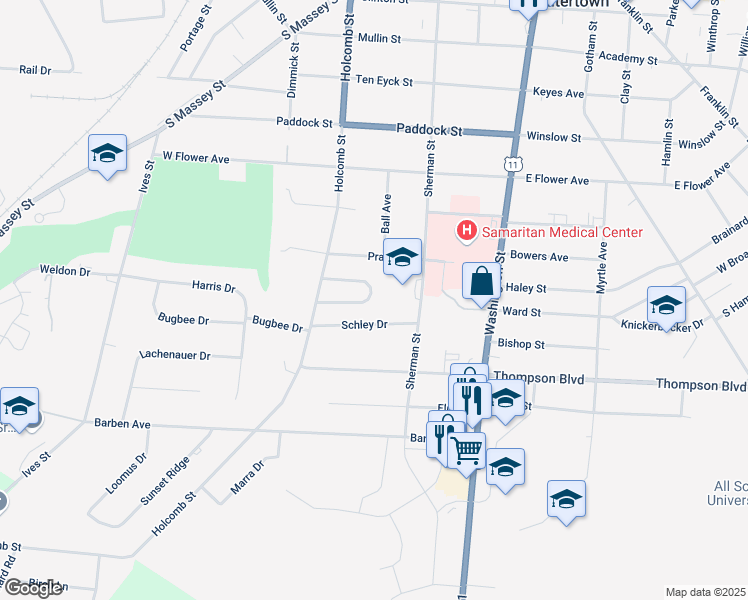 map of restaurants, bars, coffee shops, grocery stores, and more near 241 South Ontario Drive in Watertown