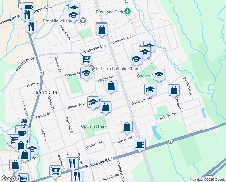 map of restaurants, bars, coffee shops, grocery stores, and more near 22 McBeth Place in Whitby