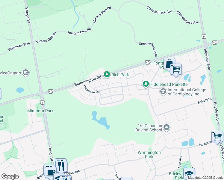 map of restaurants, bars, coffee shops, grocery stores, and more near 227 Paradelle Drive in Richmond Hill