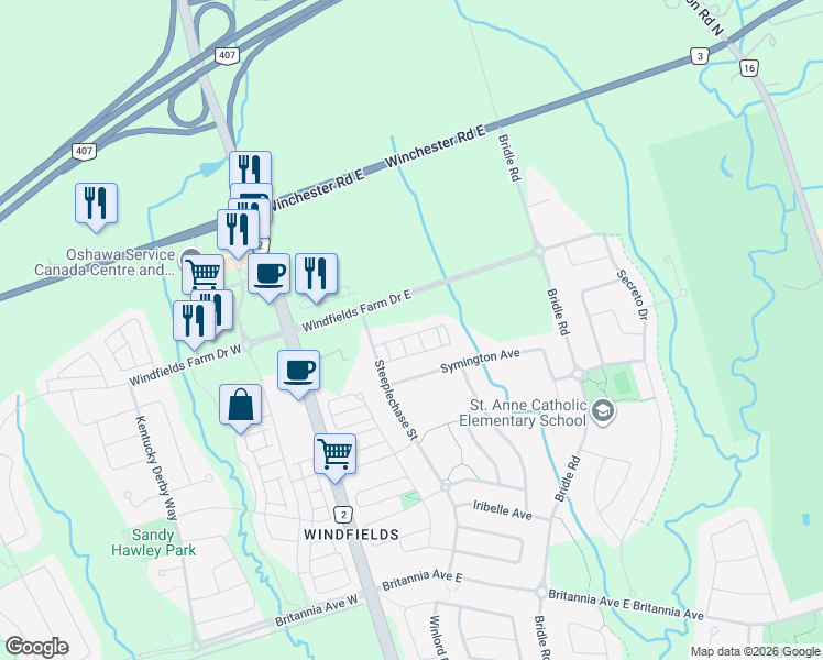 map of restaurants, bars, coffee shops, grocery stores, and more near 241 Danzatore Path in Oshawa