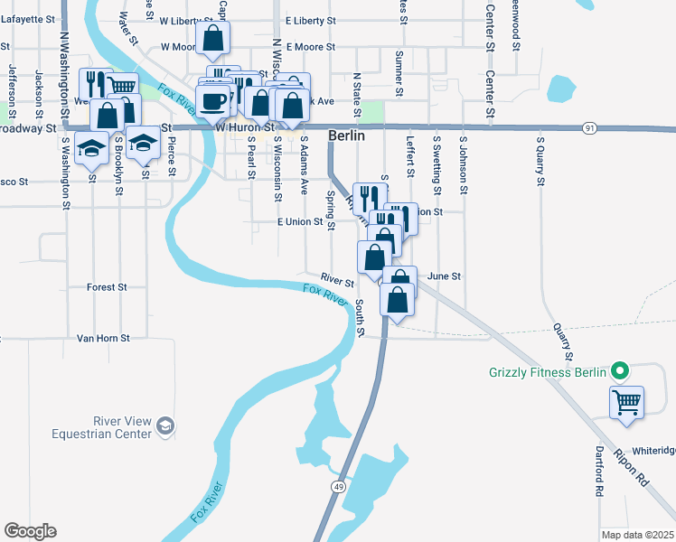 map of restaurants, bars, coffee shops, grocery stores, and more near 266 Spring Street in Berlin