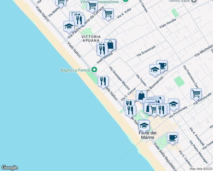 map of restaurants, bars, coffee shops, grocery stores, and more near 44 Viale Italico in Forte dei Marmi