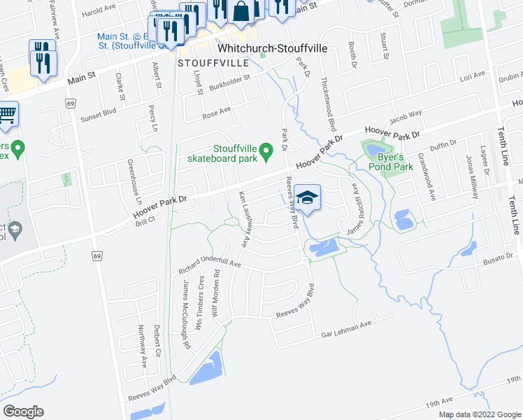 map of restaurants, bars, coffee shops, grocery stores, and more near 48 Ken Wagg Crescent in Whitchurch-Stouffville
