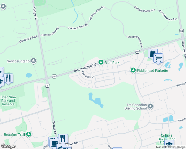 map of restaurants, bars, coffee shops, grocery stores, and more near 194 Paradelle Drive in Richmond Hill