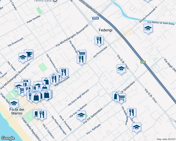 map of restaurants, bars, coffee shops, grocery stores, and more near 178 Via Piave in Forte dei Marmi