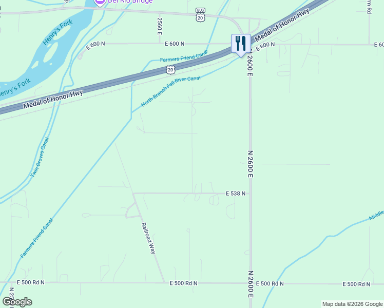 map of restaurants, bars, coffee shops, grocery stores, and more near North 2575 East in Fremont County