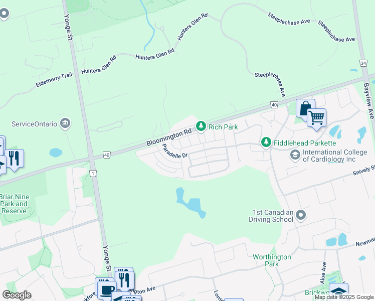 map of restaurants, bars, coffee shops, grocery stores, and more near 198 Paradelle Drive in Richmond Hill