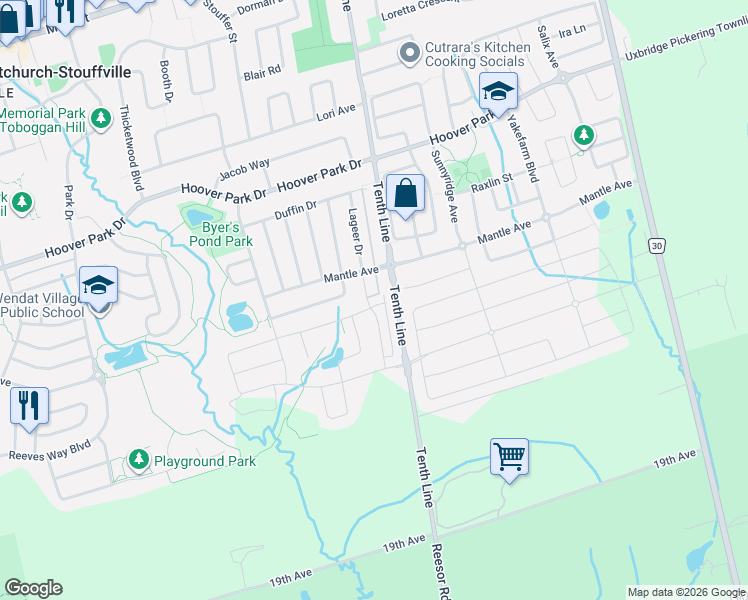 map of restaurants, bars, coffee shops, grocery stores, and more near 6 Brofarm Lane in Whitchurch-Stouffville