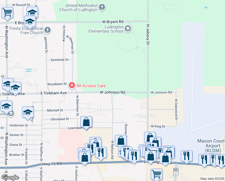 map of restaurants, bars, coffee shops, grocery stores, and more near 5796 West Johnson Road in Ludington