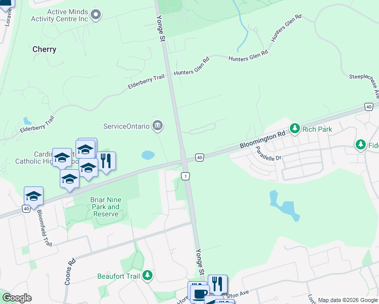 map of restaurants, bars, coffee shops, grocery stores, and more near 13759 Yonge Street in Aurora