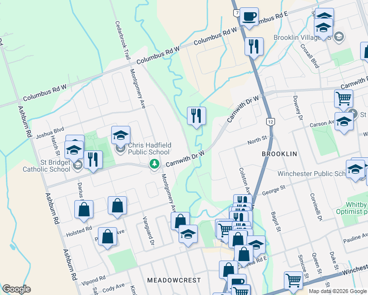 map of restaurants, bars, coffee shops, grocery stores, and more near 94 Way Street in Whitby