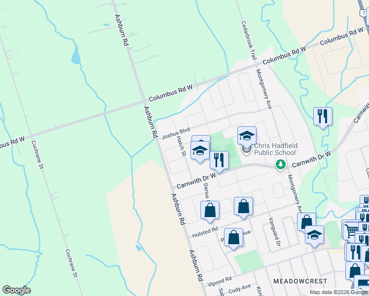 map of restaurants, bars, coffee shops, grocery stores, and more near 1 Corianne Avenue in Whitby