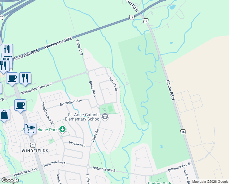 map of restaurants, bars, coffee shops, grocery stores, and more near 2520 Secreto Drive in Oshawa