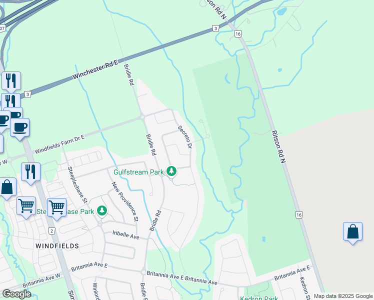 map of restaurants, bars, coffee shops, grocery stores, and more near 2520 Secreto Drive in Oshawa