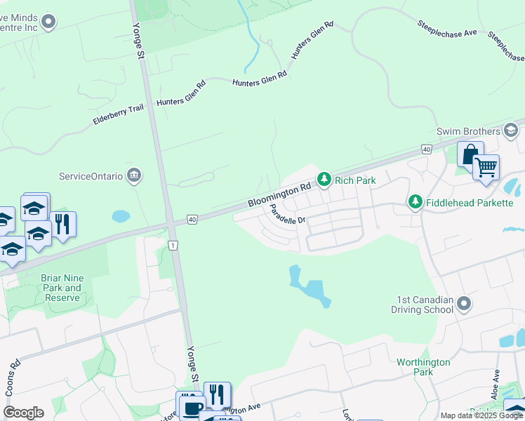 map of restaurants, bars, coffee shops, grocery stores, and more near 7 Sundew Lane in Richmond Hill