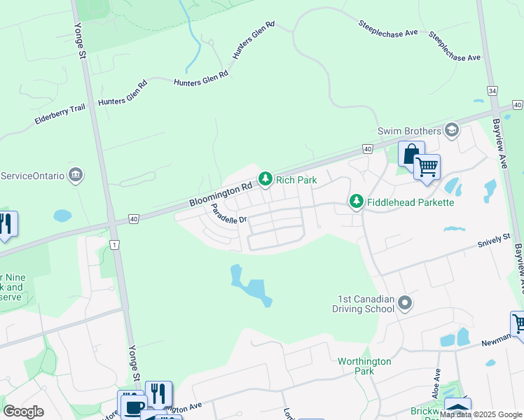 map of restaurants, bars, coffee shops, grocery stores, and more near 216 Paradelle Drive in Richmond Hill
