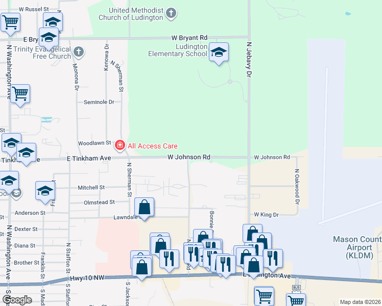map of restaurants, bars, coffee shops, grocery stores, and more near 5796 West Johnson Road in Ludington