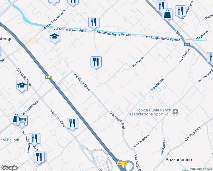map of restaurants, bars, coffee shops, grocery stores, and more near 93 Via Vaiana in Pietrasanta