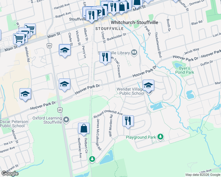map of restaurants, bars, coffee shops, grocery stores, and more near 15 Eva Grove Court in Whitchurch-Stouffville