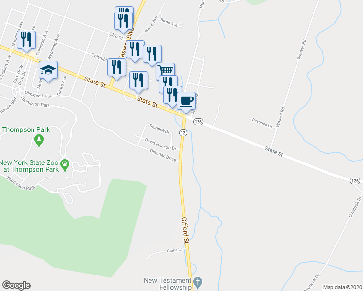 map of restaurants, bars, coffee shops, grocery stores, and more near 7080 Route 12 in Watertown