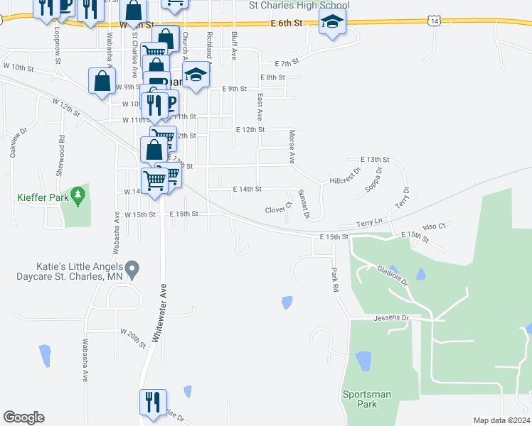 map of restaurants, bars, coffee shops, grocery stores, and more near 836 Clover Court in Saint Charles