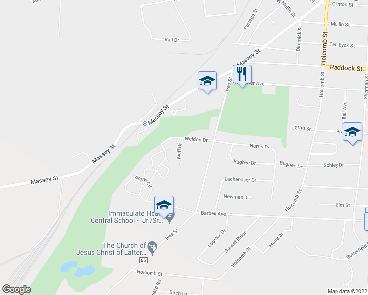 map of restaurants, bars, coffee shops, grocery stores, and more near 943 Kieff Drive in Watertown