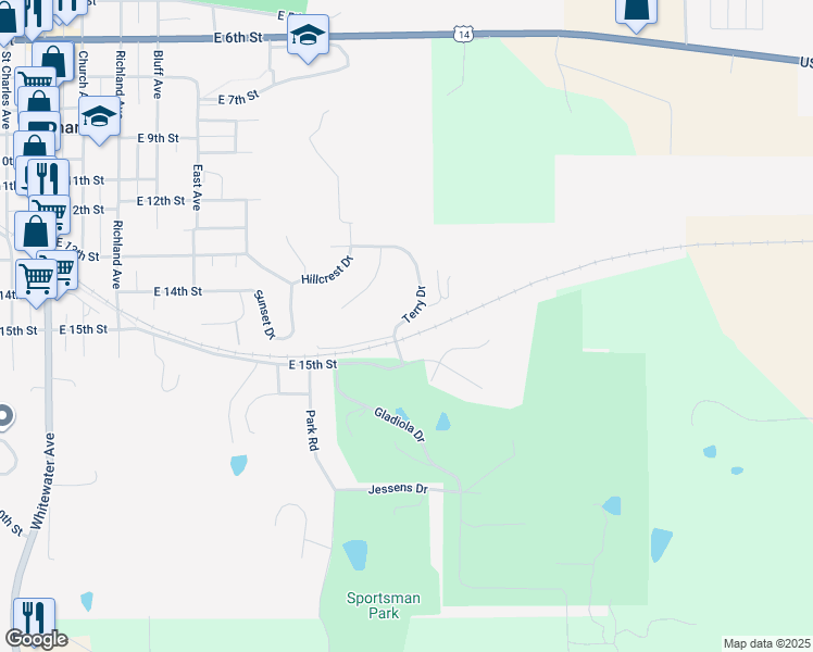 map of restaurants, bars, coffee shops, grocery stores, and more near 1425 Terry Drive in Saint Charles