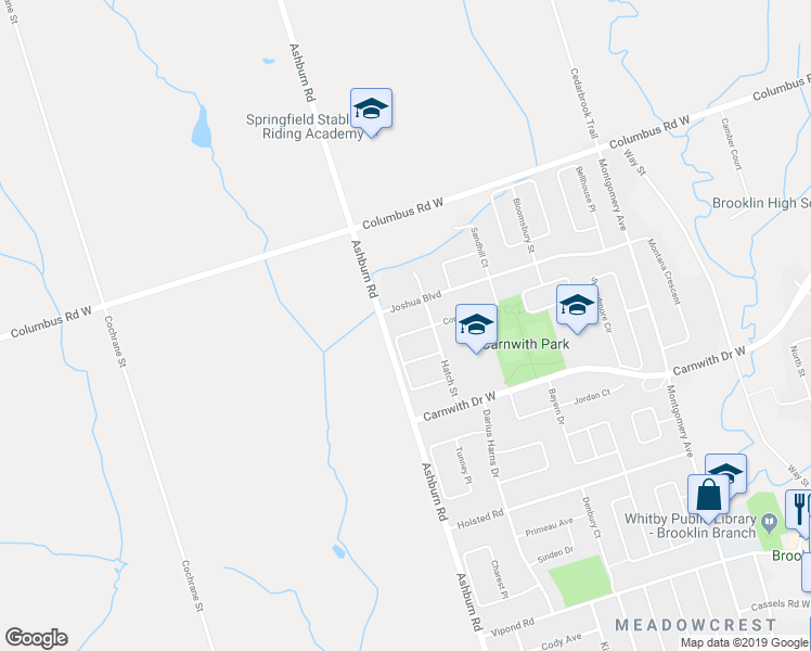 map of restaurants, bars, coffee shops, grocery stores, and more near 47 Mikayla Crescent in Whitby