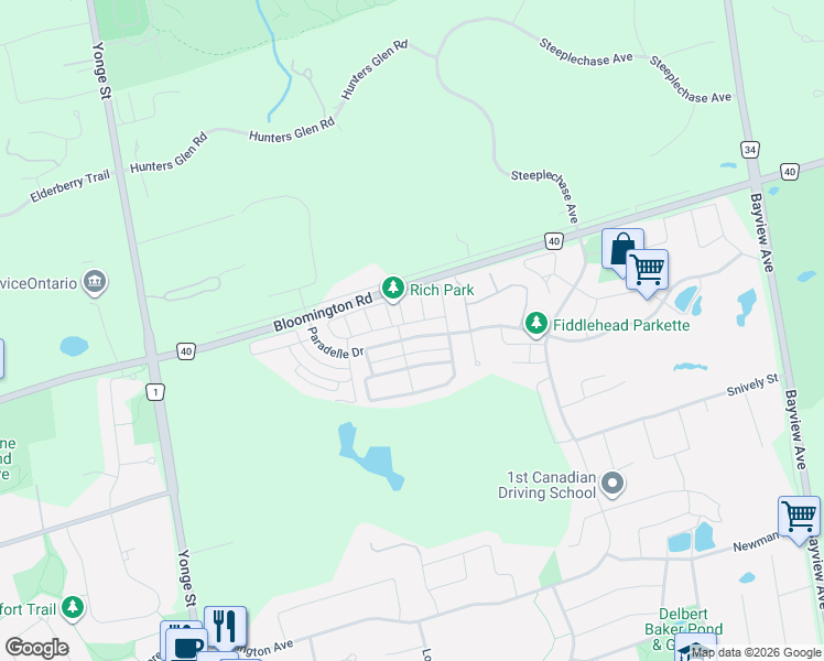 map of restaurants, bars, coffee shops, grocery stores, and more near 230 Paradelle Drive in Richmond Hill