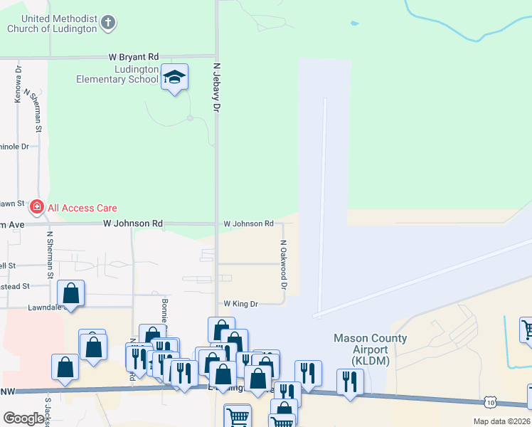 map of restaurants, bars, coffee shops, grocery stores, and more near 5472 West Johnson Road in Ludington