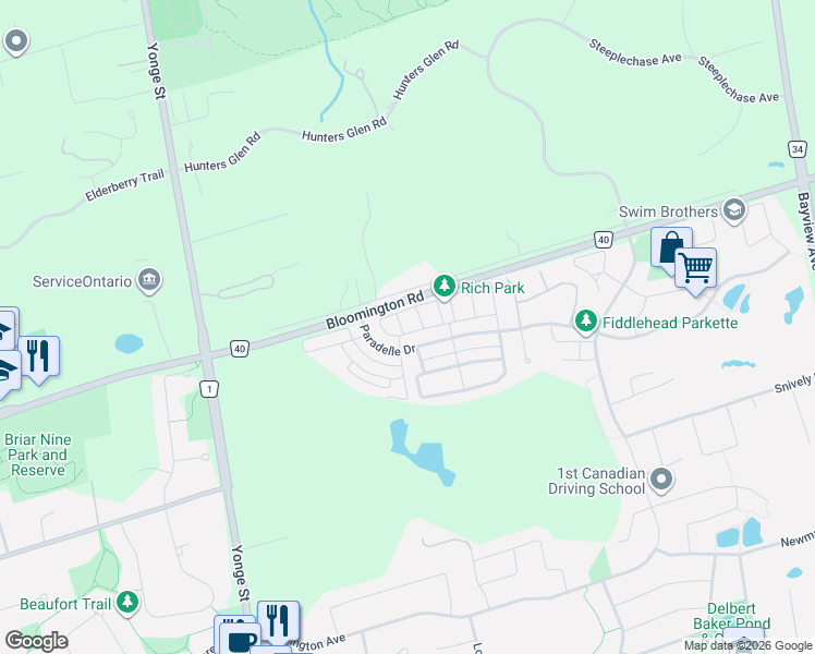 map of restaurants, bars, coffee shops, grocery stores, and more near 8 Moonseed Lane in Richmond Hill