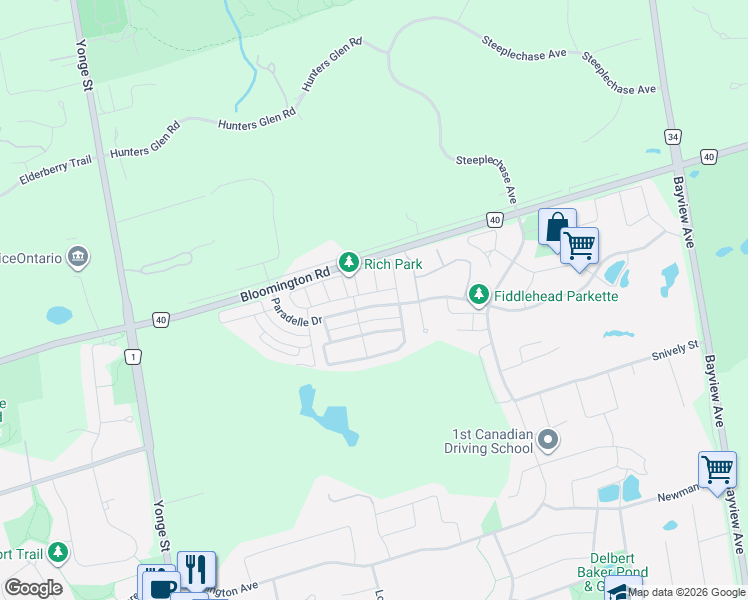 map of restaurants, bars, coffee shops, grocery stores, and more near 236 Paradelle Drive in Richmond Hill