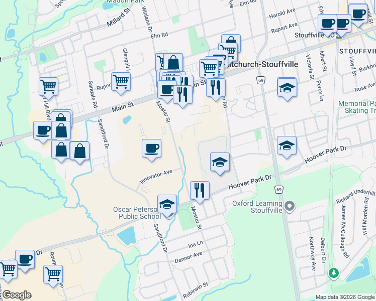 map of restaurants, bars, coffee shops, grocery stores, and more near 155 Mostar Street in Whitchurch-Stouffville