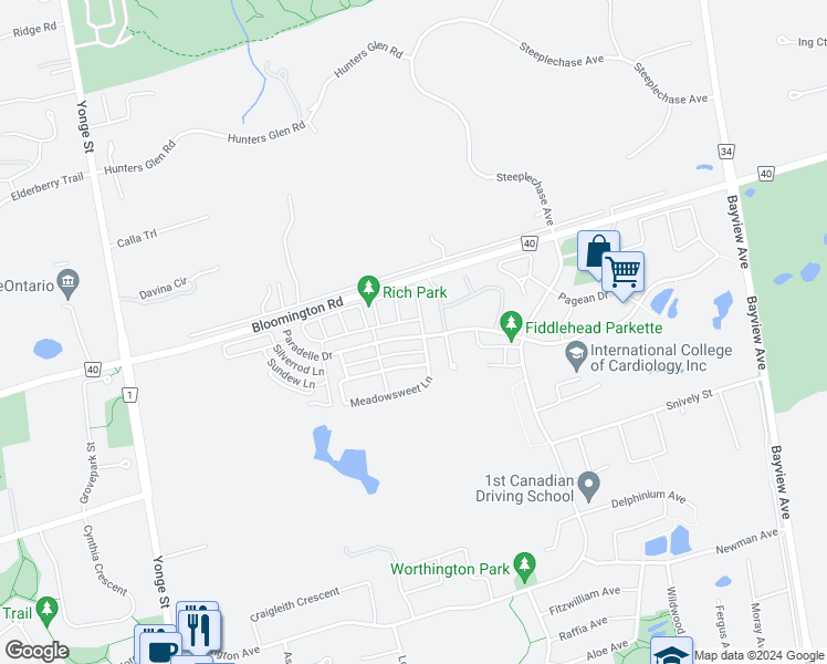 map of restaurants, bars, coffee shops, grocery stores, and more near 250 Paradelle Drive in Richmond Hill