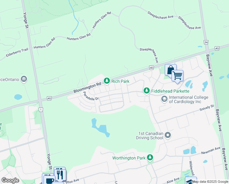 map of restaurants, bars, coffee shops, grocery stores, and more near 236 Paradelle Drive in Richmond Hill