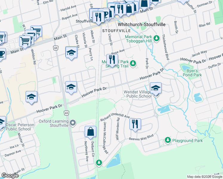 map of restaurants, bars, coffee shops, grocery stores, and more near 3 Ida Jane Grove in Whitchurch-Stouffville