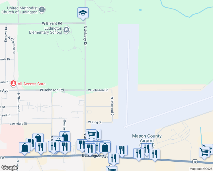 map of restaurants, bars, coffee shops, grocery stores, and more near 5472 West Johnson Road in Ludington