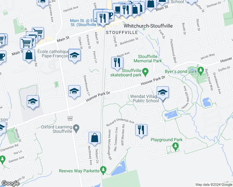 map of restaurants, bars, coffee shops, grocery stores, and more near 3 Ida Jane Grove in Whitchurch-Stouffville