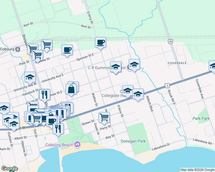 map of restaurants, bars, coffee shops, grocery stores, and more near 240 Chapel Street in Cobourg