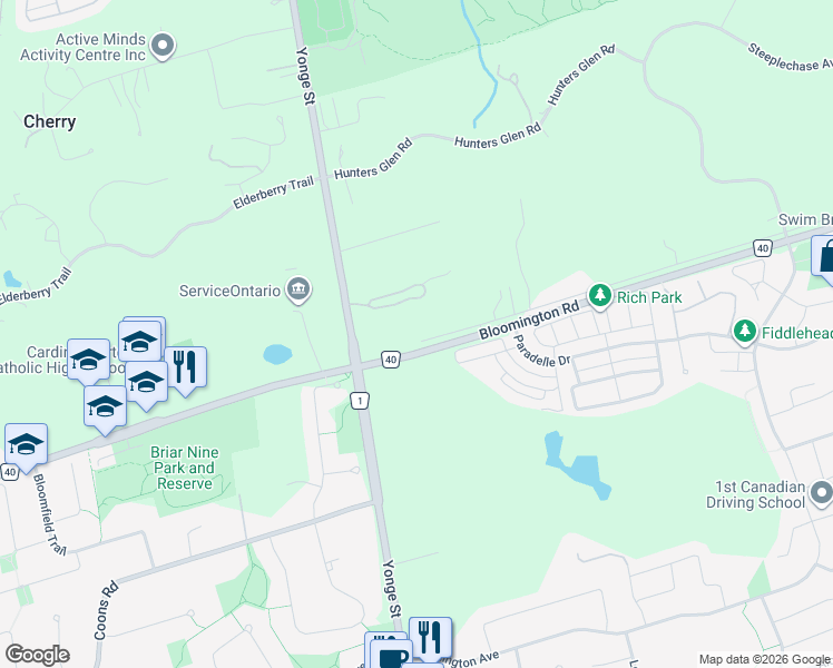 map of restaurants, bars, coffee shops, grocery stores, and more near 50 Old Bloomington Road in Aurora