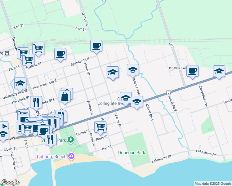 map of restaurants, bars, coffee shops, grocery stores, and more near 300 D'Arcy Street in Cobourg