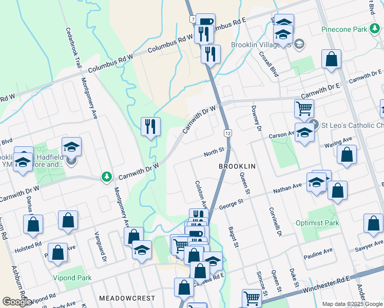 map of restaurants, bars, coffee shops, grocery stores, and more near 36 North Street in Whitby
