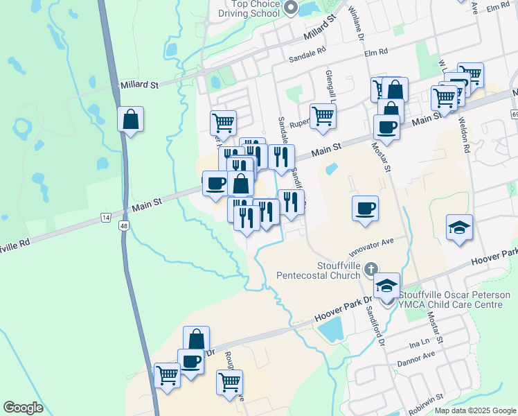 map of restaurants, bars, coffee shops, grocery stores, and more near 117 Ringwood Drive in Whitchurch-Stouffville