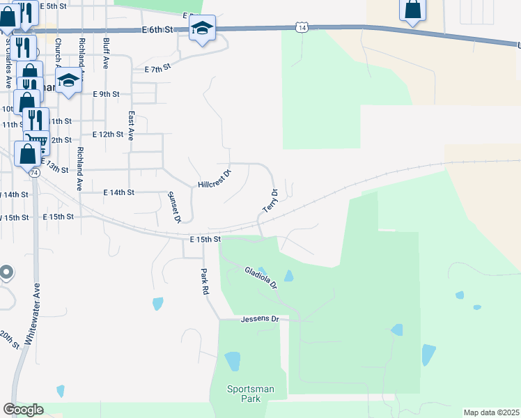 map of restaurants, bars, coffee shops, grocery stores, and more near 1425 Terry Drive in Saint Charles