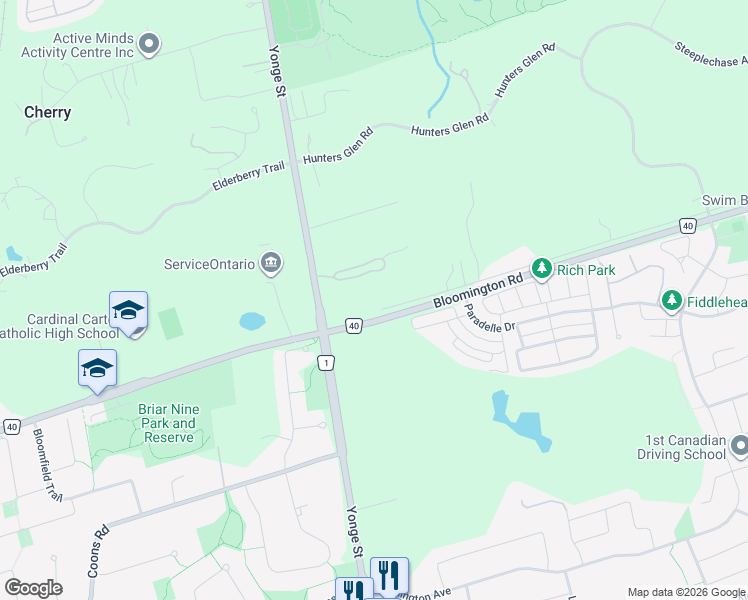 map of restaurants, bars, coffee shops, grocery stores, and more near 50 Old Bloomington Road in Aurora