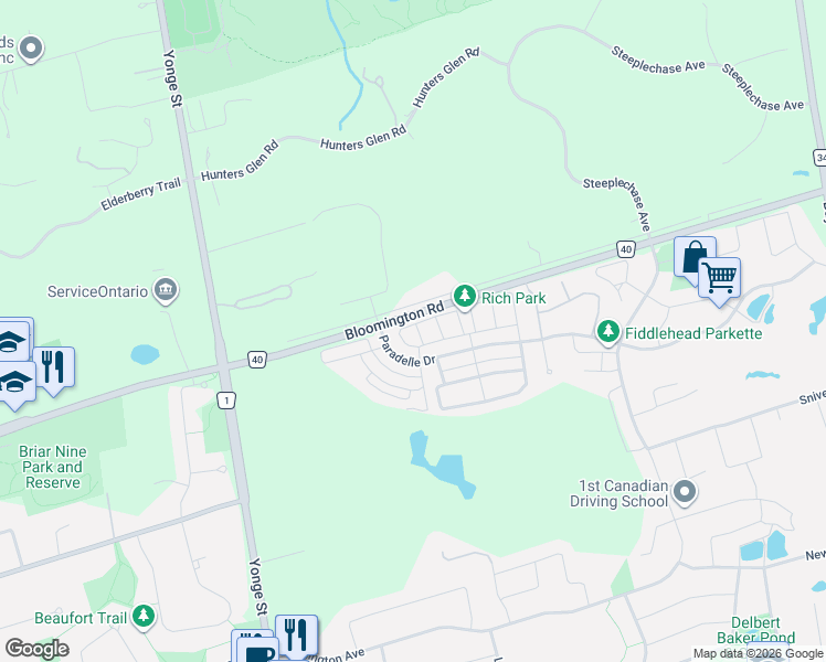 map of restaurants, bars, coffee shops, grocery stores, and more near 11 Bellflower Lane in Richmond Hill