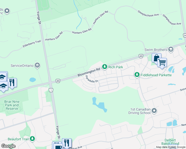 map of restaurants, bars, coffee shops, grocery stores, and more near 11 Bellflower Lane in Richmond Hill