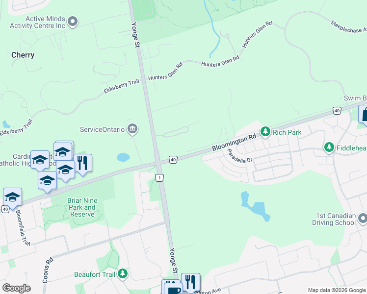 map of restaurants, bars, coffee shops, grocery stores, and more near 74 Old Bloomington Road in Aurora