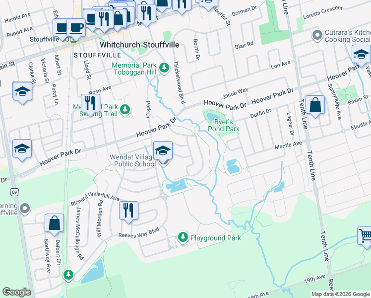 map of restaurants, bars, coffee shops, grocery stores, and more near 74 Amos Lehman Way in Whitchurch-Stouffville